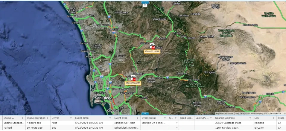 AirIQ Fleet showing a satellite map with two tracked trucks and a grid listing status, driver, event time and nearest address