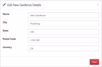 The geofence details panel, with the Save button