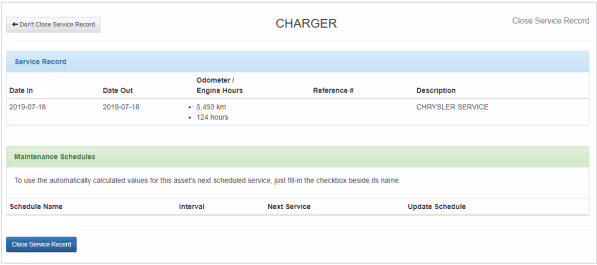 The details of the service record being closed