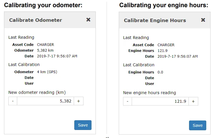 The odometer and engine hours calibration screen