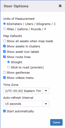 The User Options box, where display and time zone preferences are set